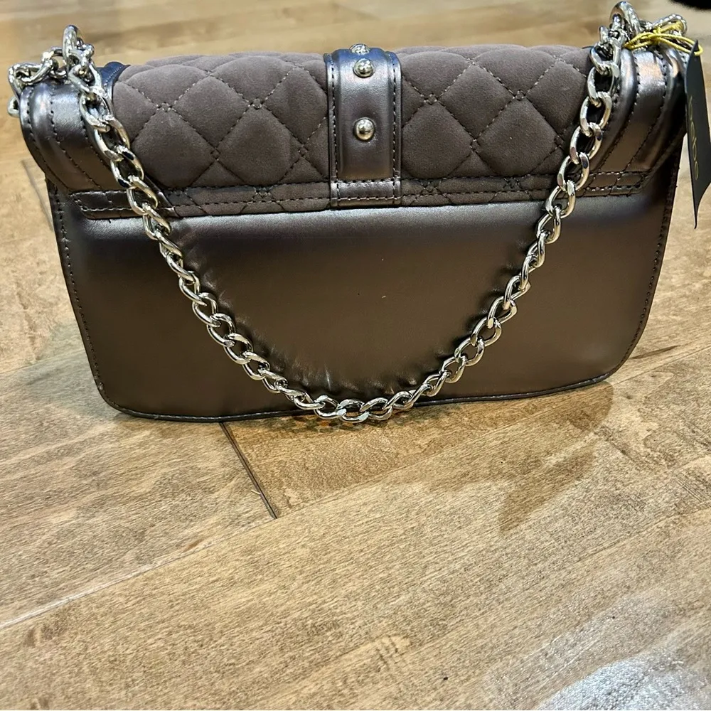 Bebe Stephanie Faux Suede Quilted Studded Large Crossbody Pewter Grey NWT - Image 5