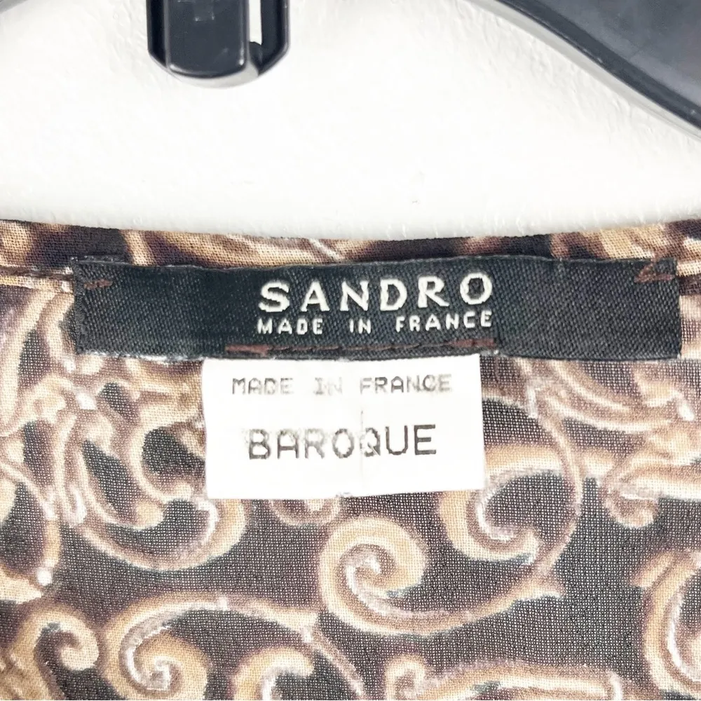 SANDRO Baroque Brown Paisley Print Sheer Lace Trim Bohemian Blouse, Size Small - Image 3