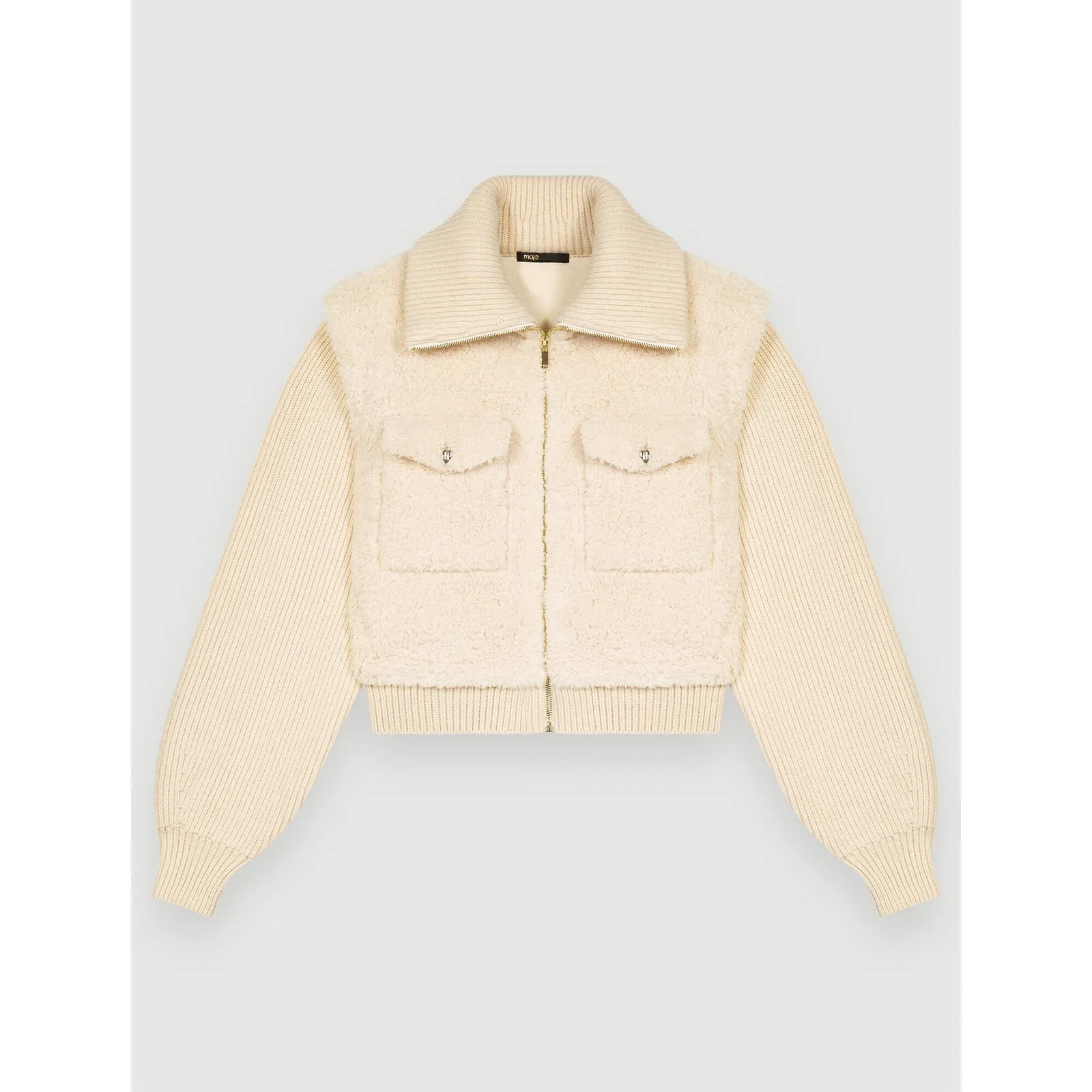 Maje Belio Furry Ecru Faux Fur and Knit Jacket Womens Sz FR 36 US S NWT - Image 4