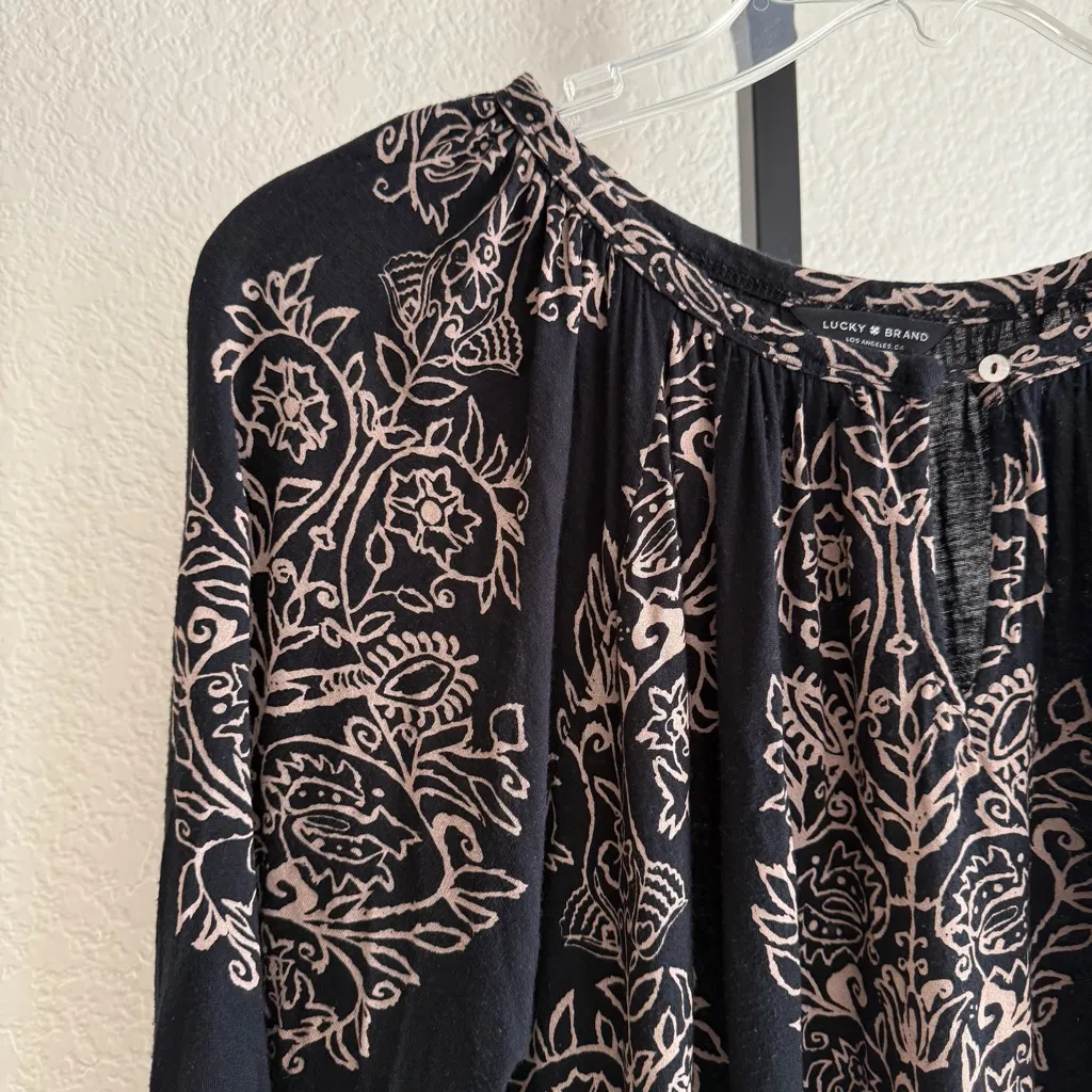 Lucky Brand Paisley Peasant Blouse Long Sleeve Boho Flowy Top Size 2X Black Chic - Image 3