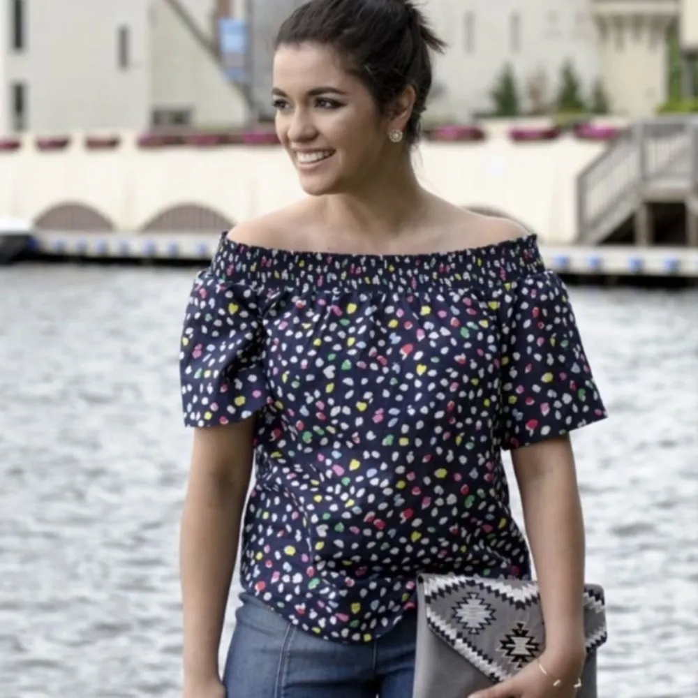 J. Crew Smocked Neck Off the Shoulder Top in Ratti Happy Cat Rainbow Spot‎ Print - Image 4