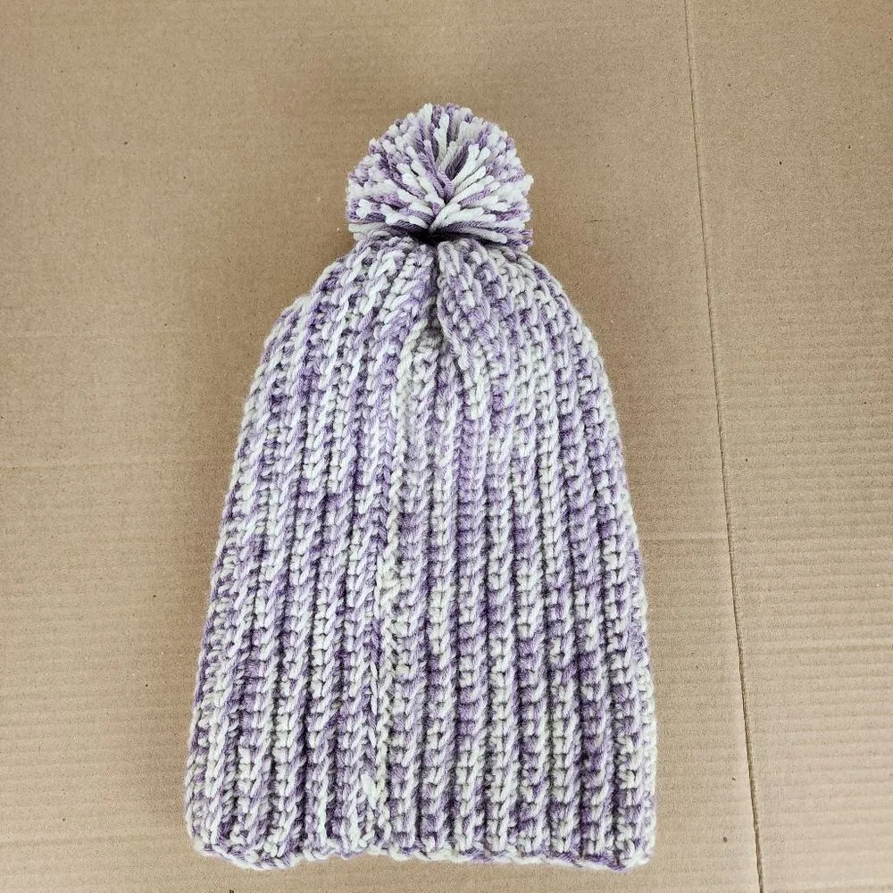 New Handmade Crochet Chunky Ribbed Beanie Cream Purple Pompom Warm Hat Cap - Image 9