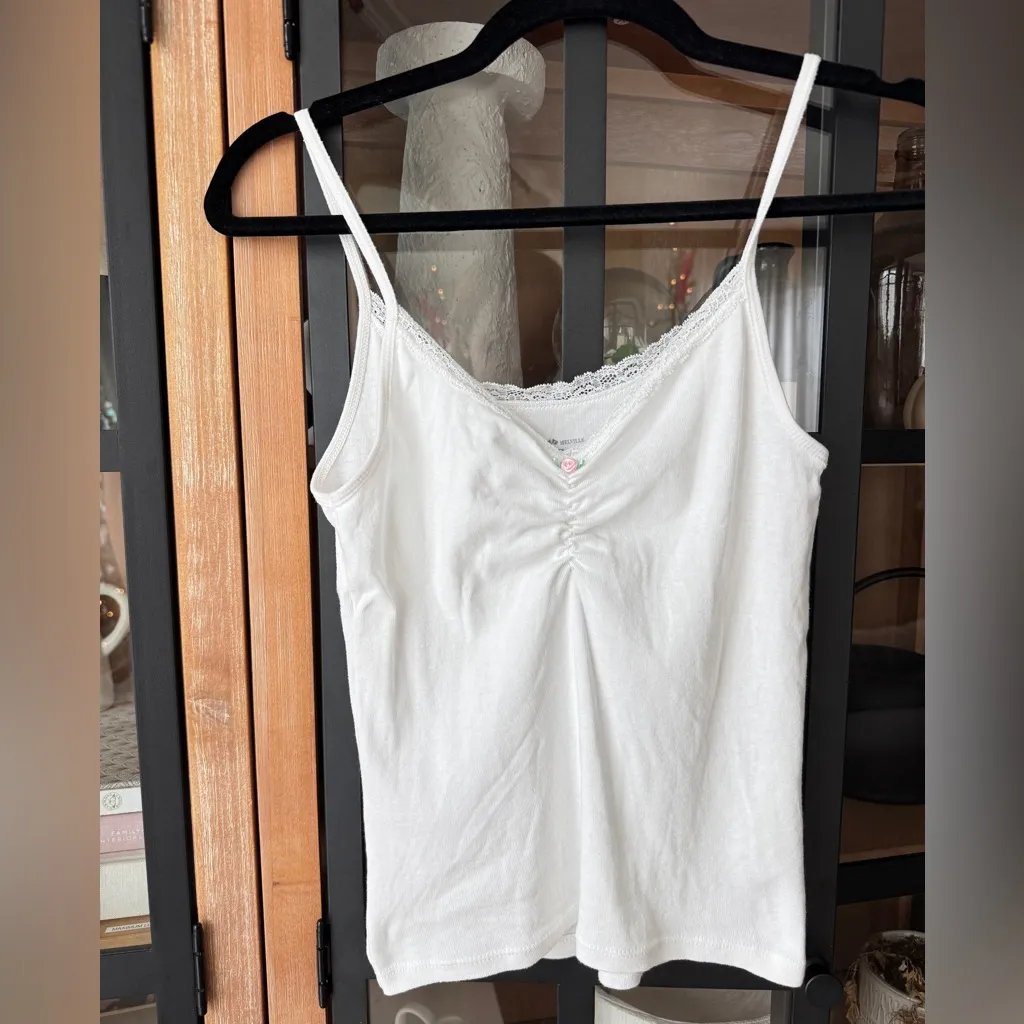 Brandy Melville Archie lace tank top baby tee rosette spaghetti ruched cami - Image 2