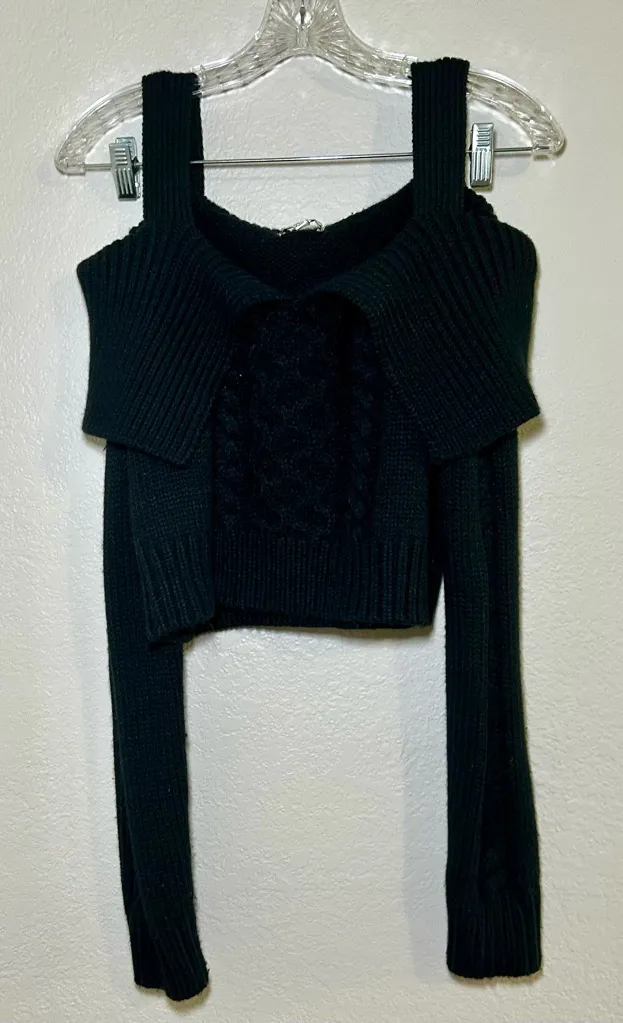 Moon River Anthropologie Off the shoulder cable knit cropped black sweater small - Image 1