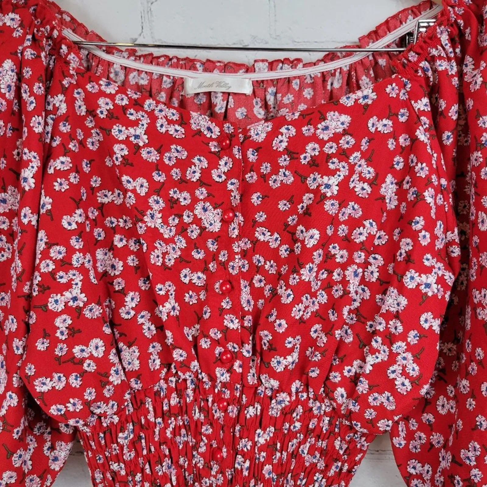Red Floral Smocked Square Neck‎ Puff Sleeve Cropped Blouse Top Women's M Size M - Image 4