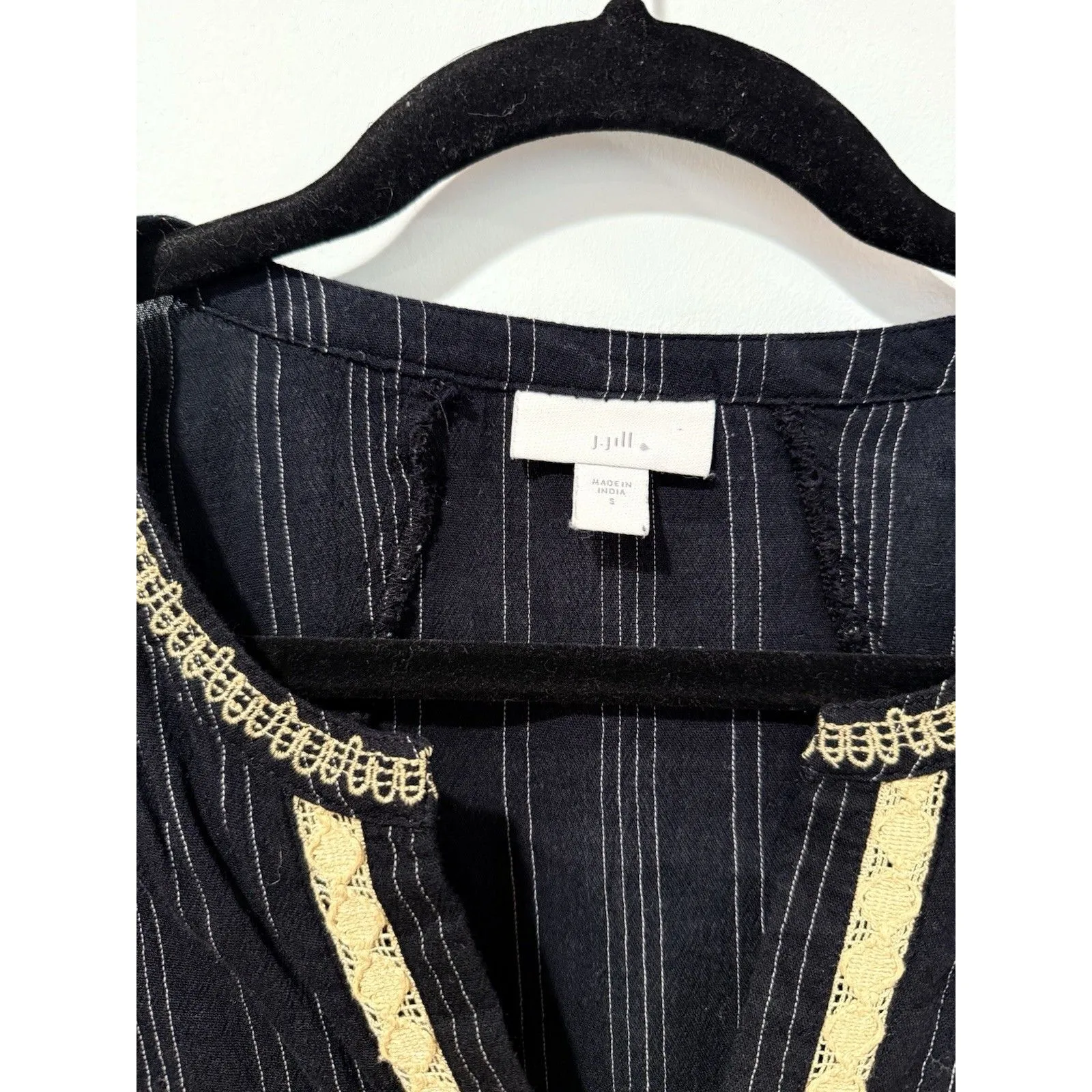 J Jill Top Womens Small Embroidered Striped Indie Boho Peasant Prairie Cottage Black - Image 3