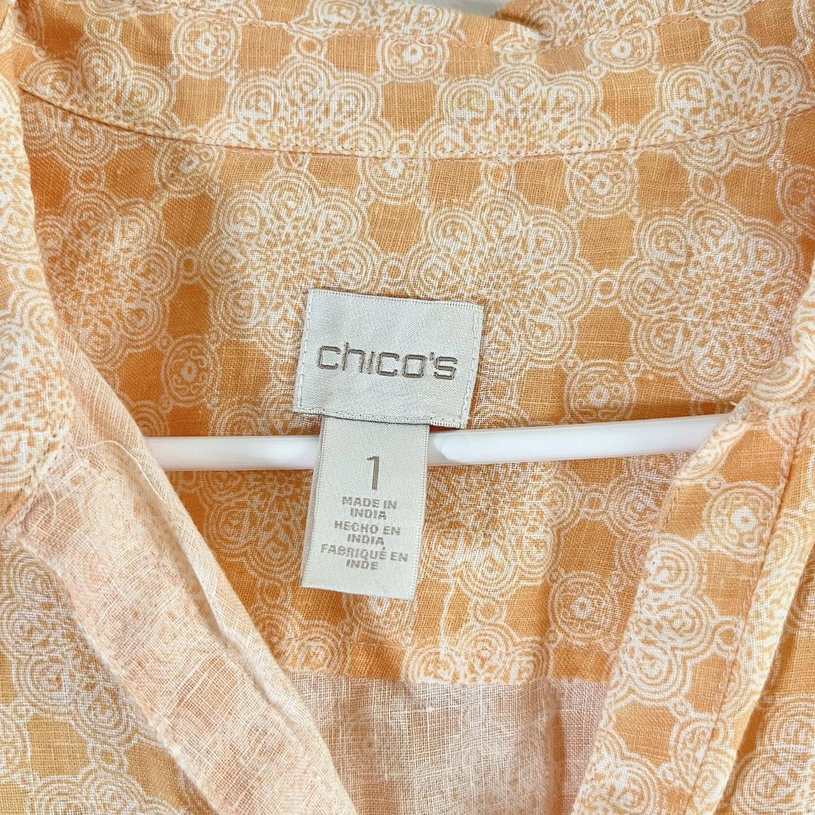 Chico's Peach Orange White Floral Medallion Button Down Cargo Shirt 100% Linen 1 - Image 7