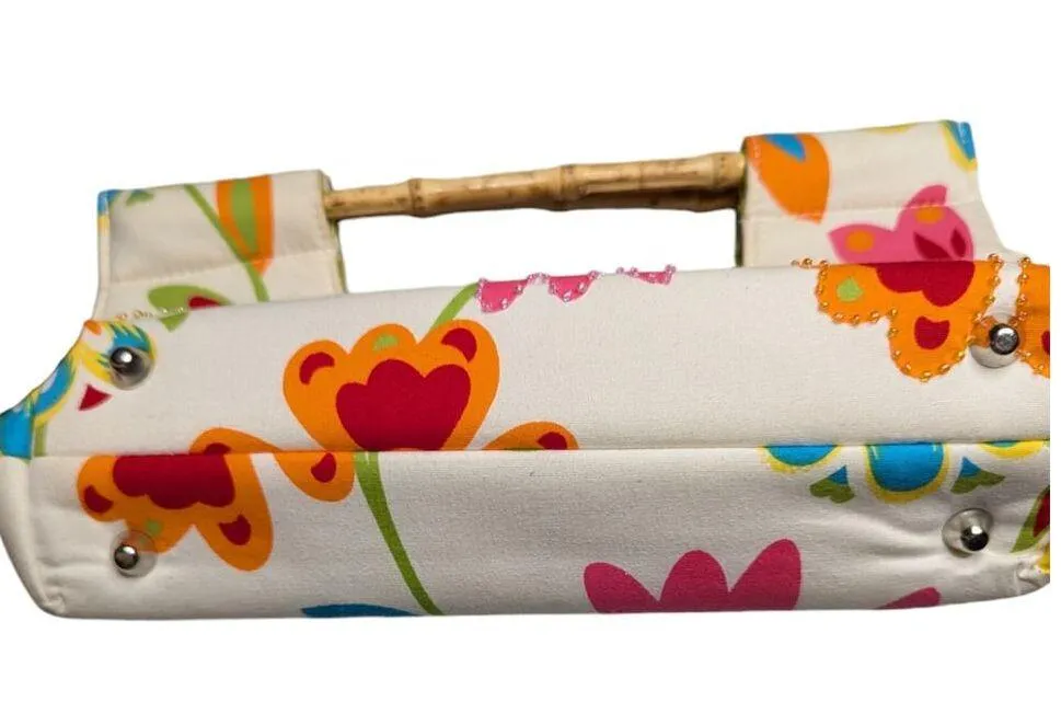 Vtg Y2K Braciano White Tropical Floral Print Beaded Bamboo Handle Clutch Bag - Image 3