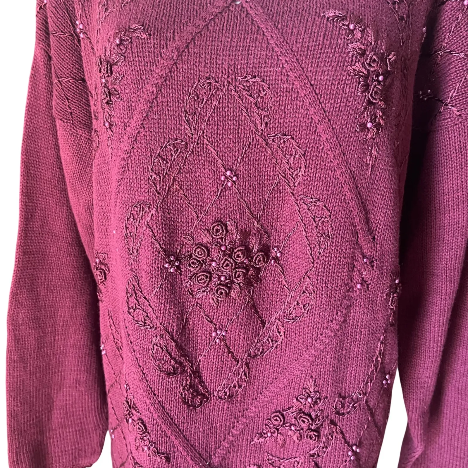 Vtg Selleca Women's Medium Beaded Embellished Knit Sweater Burgundy Grandmacore Red - Image 3