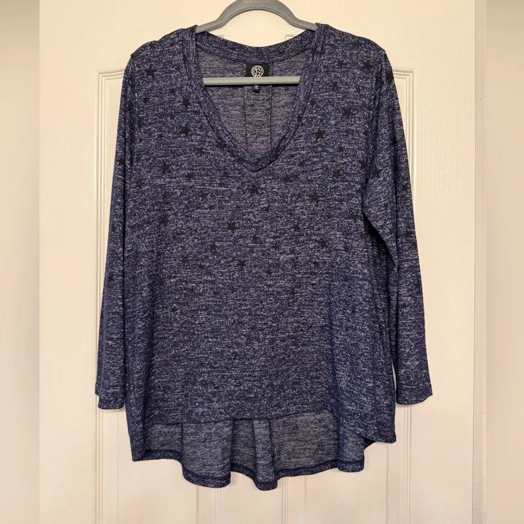Bobeau Womens Blue Denim Faded Stars Print Long Sleeve Tunic XL - Image 2