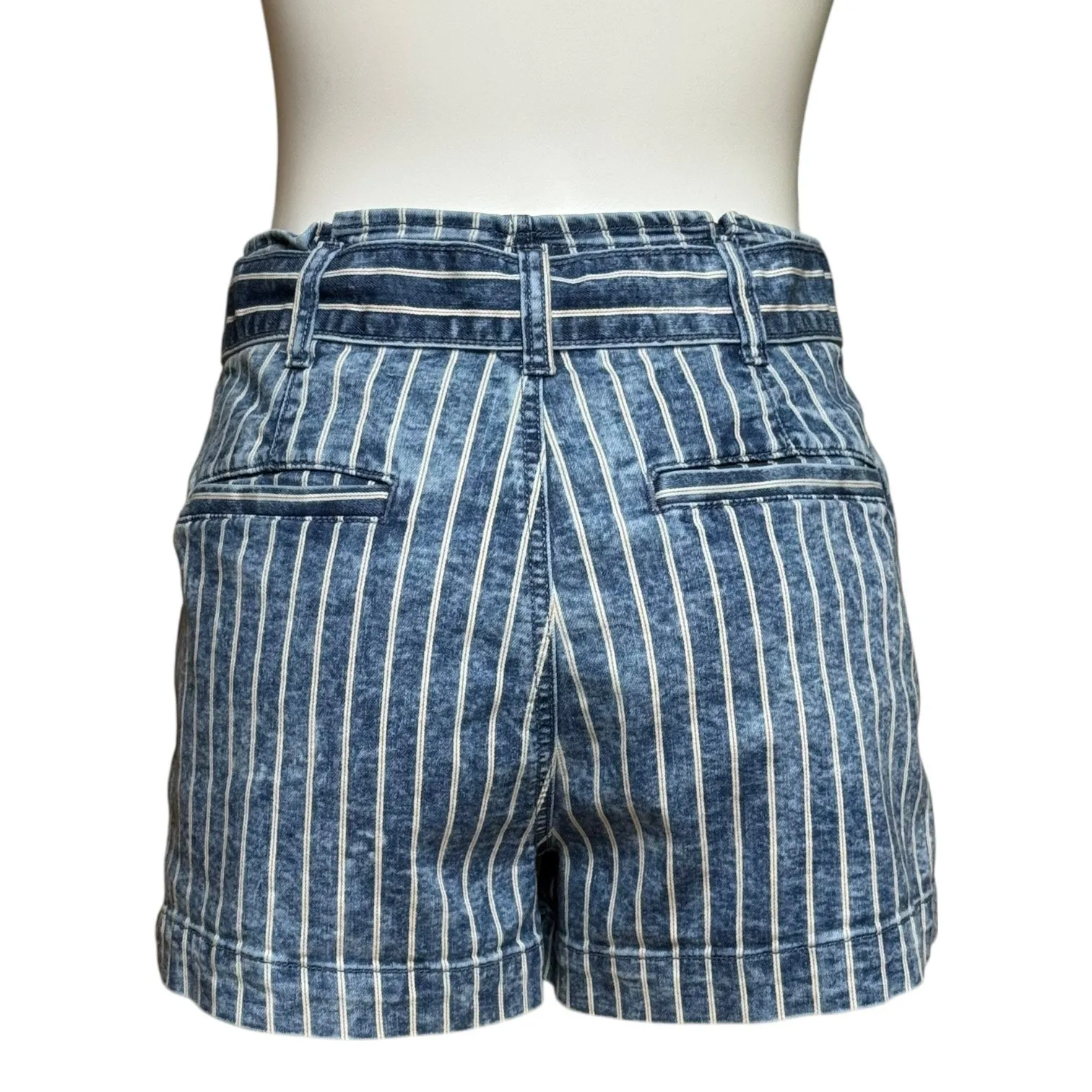 American Eagle High Rise Belted Denim Jean Shorts Blue White Yellow Stripe 6 - Image 3