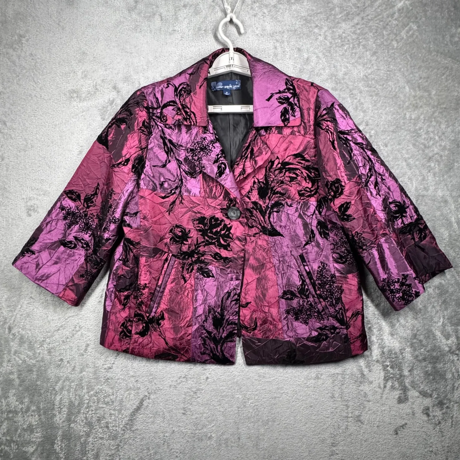 Susan Graver Jacket Fuchsia Purple Black Velvet Floral Crinkle M Bolero Cropped - Image 2