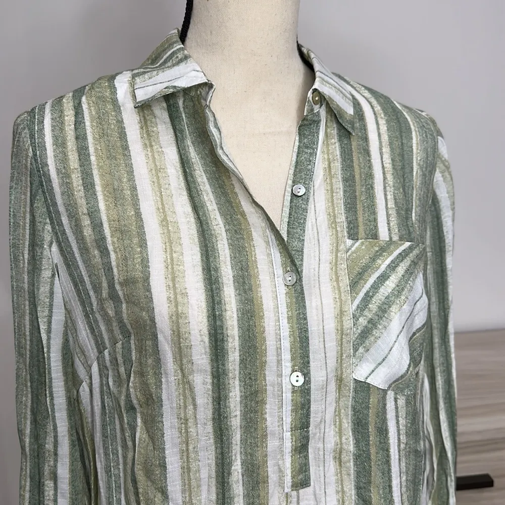 Nanette Lepore Size Small Button Up Tunic Shirt Green Striped Long Sleeve I094 - Image 2