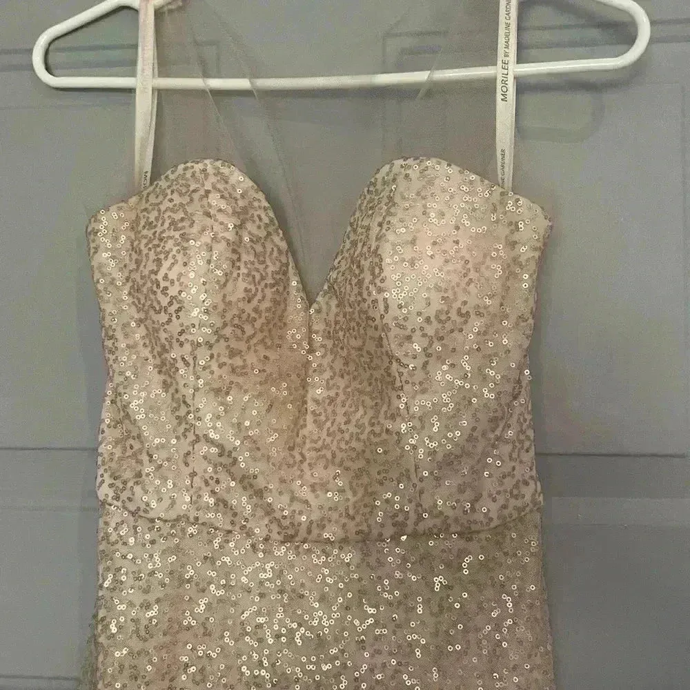 MoriLee Gold Sequin Gown
Sweetheart Neckline Illusion Size 6 - Image 11