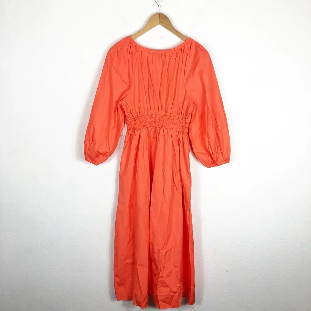 NWT J. CREW Orange Cotton Poplin V Neck Smocked Waist Midi Dress Size XS Boho - Image 14