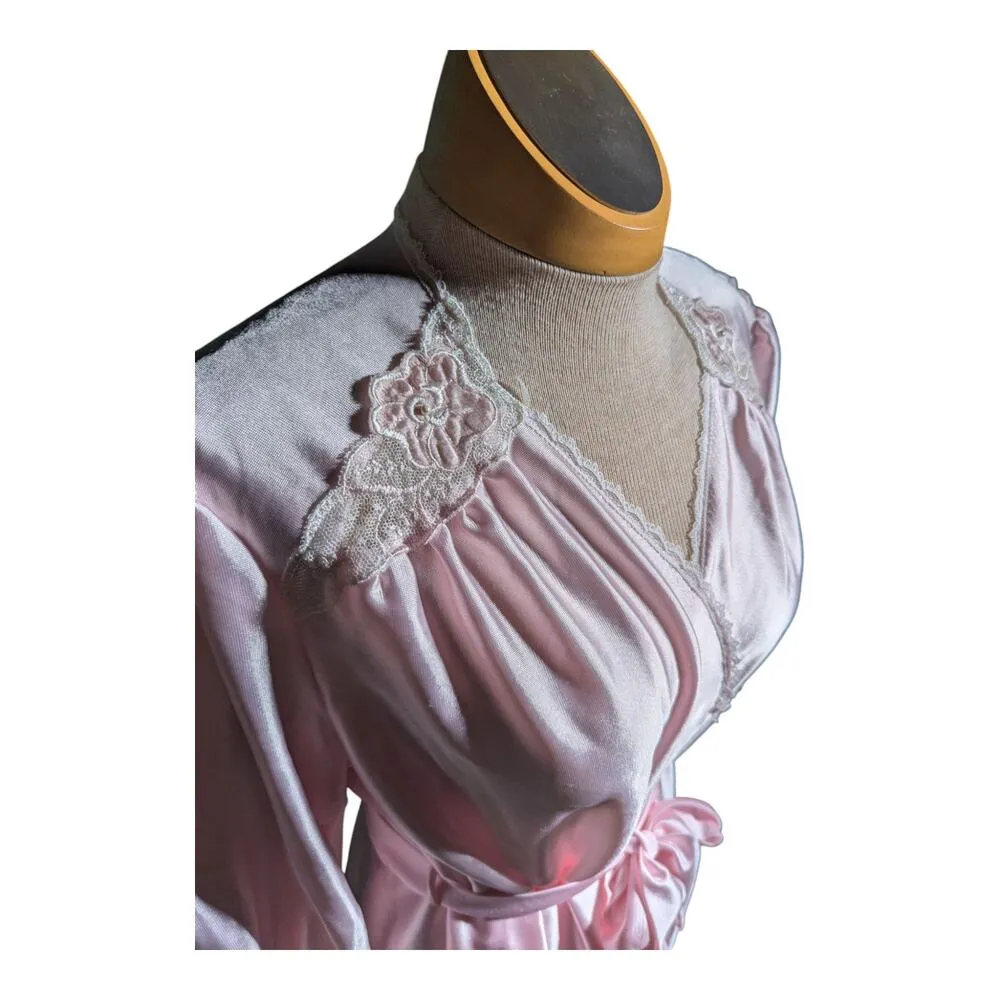 Vtg 1980s Lorraine Blush Pink Satin Embroidered Gathered Sleeve Wrap Robe Sz M - Image 4