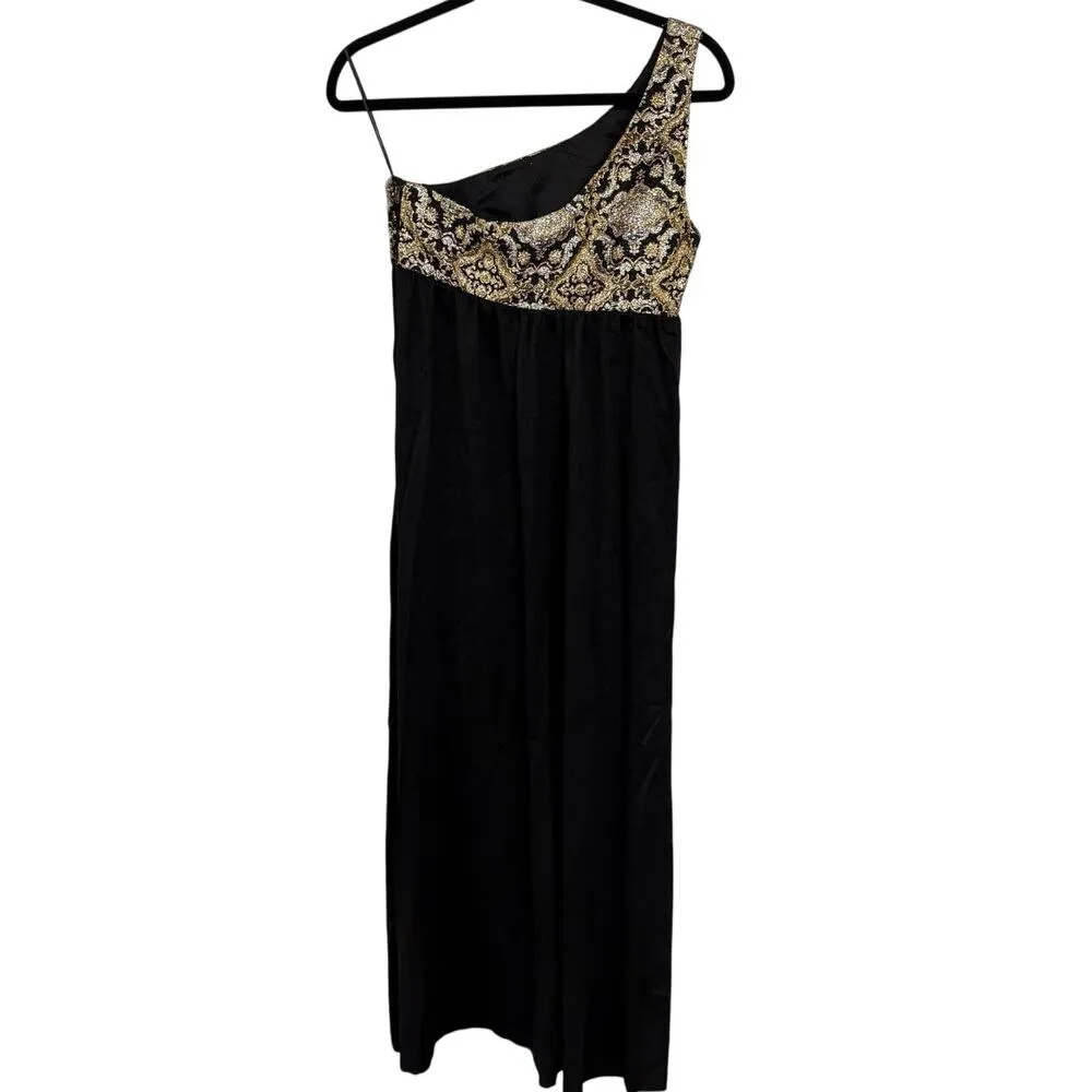 Vintage Gold Embroidered Black Maxi One Shoulder Evening Gown Long Dress 9 - Image 4