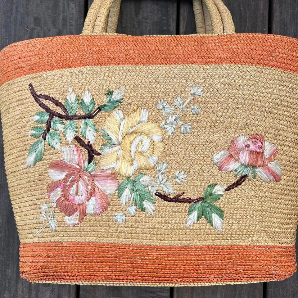 Vintage Orange/Yellow Floral Weaved Basket Straw Tote Bag  Purse - Image 2