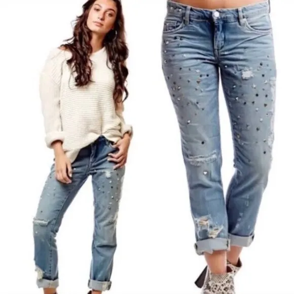 Blank NYC Embellished Studded Girlfriend Crop Light Wash Western Jeans Size 28 - Image 2