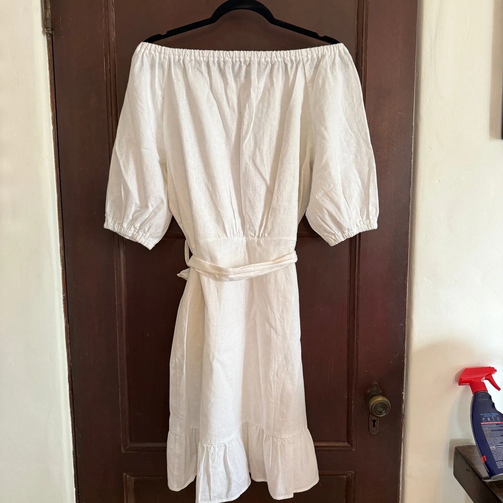 SAKS FIFTH AVENUE | White Linen Off Shoulder Ruffle Hem Dress | Small - Image 6