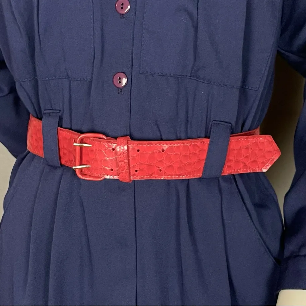 Vintage Taurus II Dress‎ 1970s Navy Blue Red Belt Long Sleeves Button - Image 8