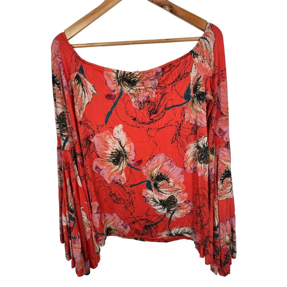 Free People Medium Blouse Top Flared Sleeves Orange Floral Stretch Boho Festival - Image 3