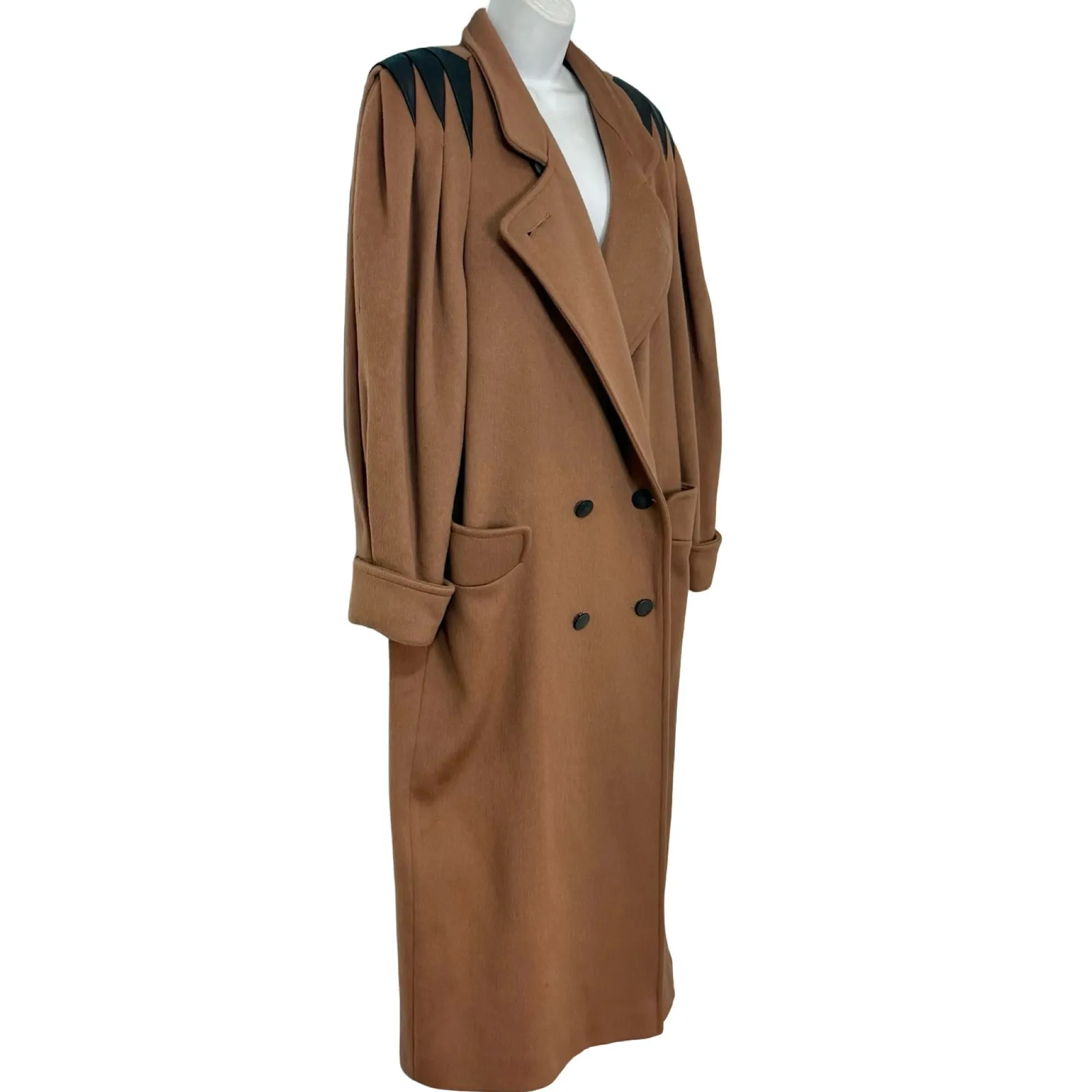 Vintage 80s Brown Double Breasted Leather Black Accents Long Wool Peacoat size L Size L - Image 14