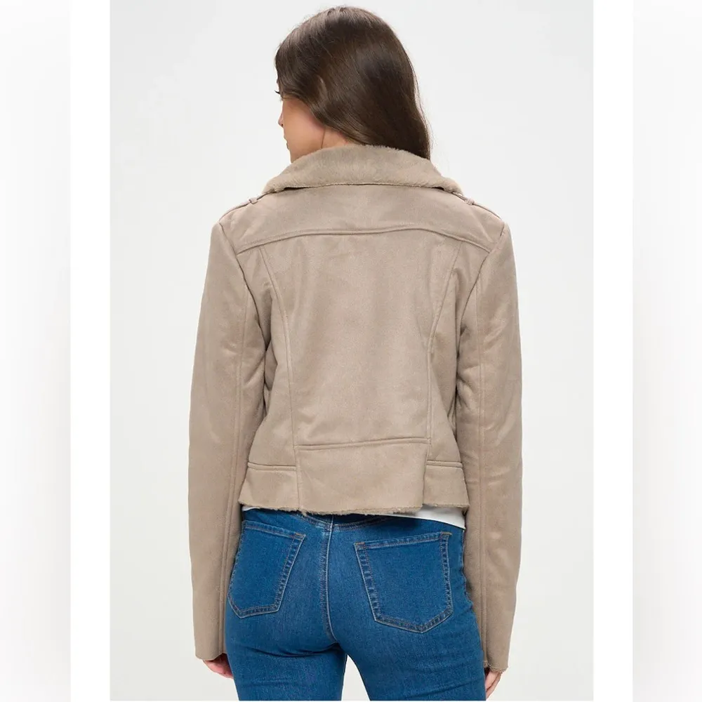 She + Sky Faux Suede and Faux Fur Moto Jacket in Tan - Image 2