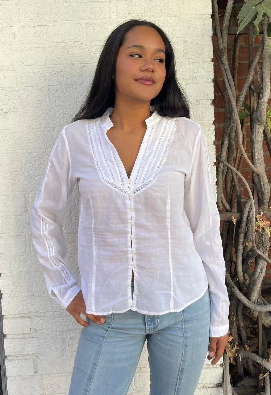Bohemian White cotton long sleeve button up shirt with lace details size m  - Image 2