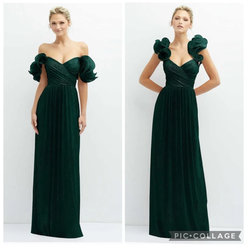 After Six 6883 Covertible Ruffle Strap Pleated Gown Metallic Evergreen S - Image 2