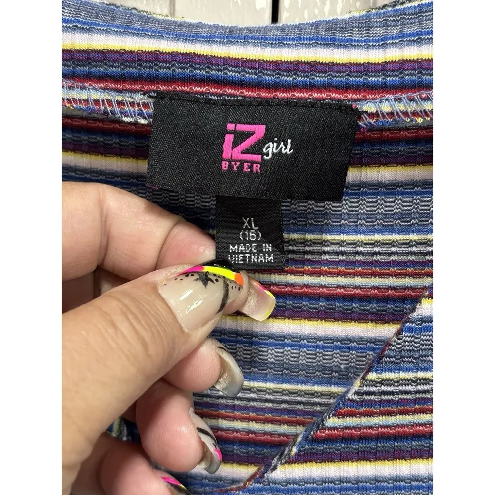 IZ Byer Girl Blue/Multi Striped Dress Junior XL Short Sleeve V Neck Faux Buttons - Image 3