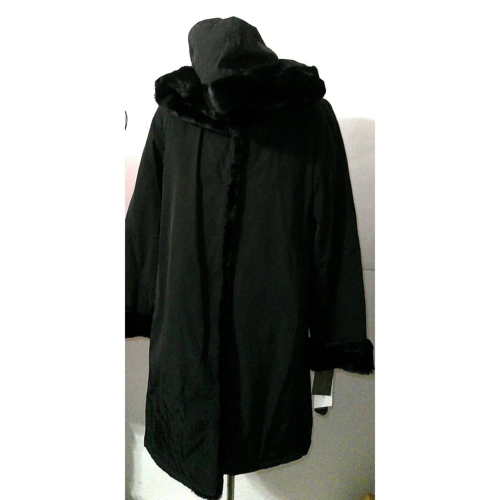 NWT $595 Jane Post M Womens Pile Lined Storm Coat Black Hood Faux Fur New Long Size M - Image 4