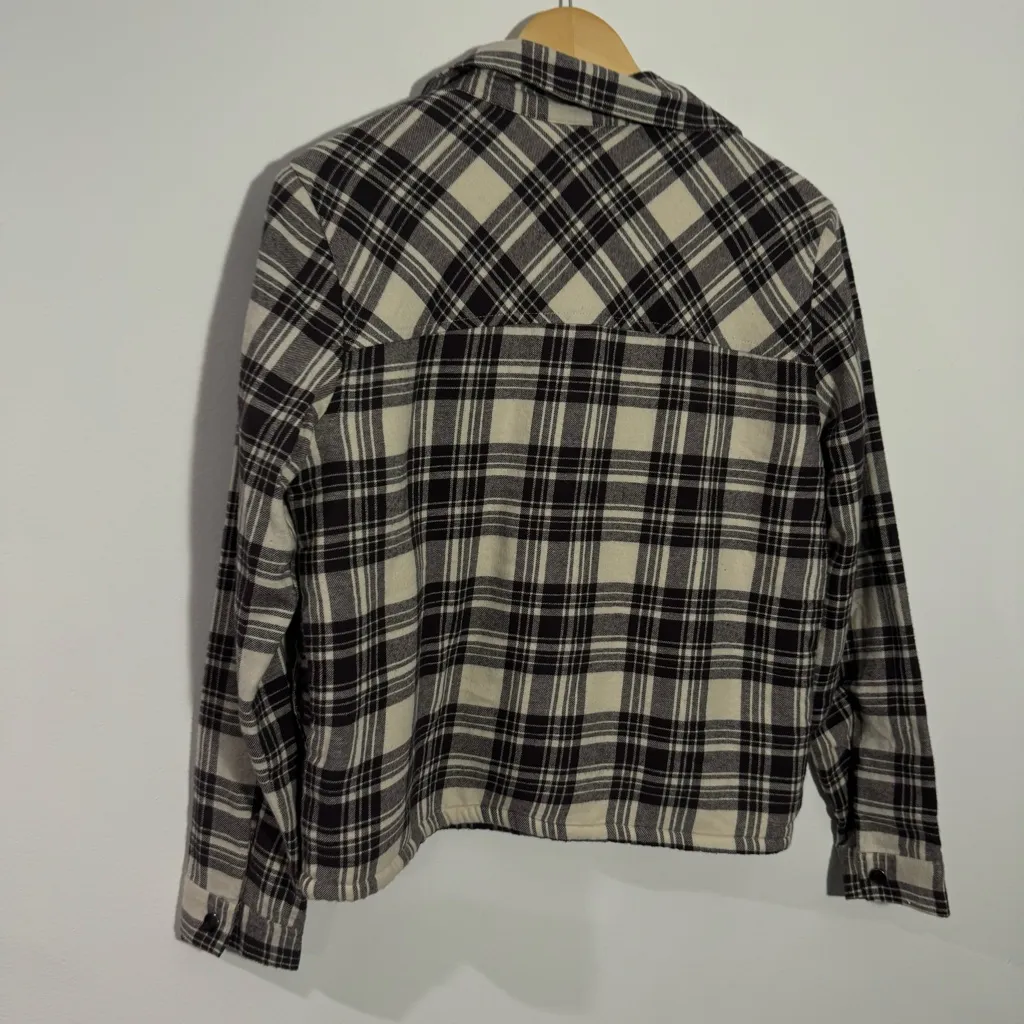 Lucky Brand Sherpa Fleece Flannel Shacket Brown & Tan Plaid‎ Women's Size Small - Image 9