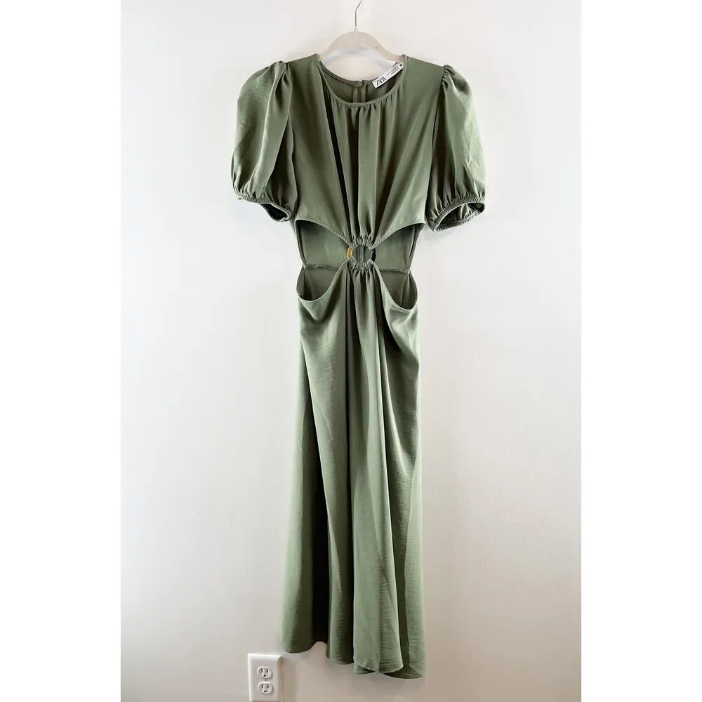 Zara Short Puff Sleeve Round Neck Cut Out A-Line Midi Dress Green Small - Image 3