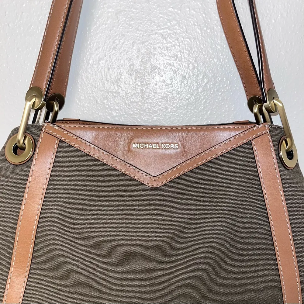 MICHAEL KORS Olive Camel Raven Canvas Leather Shoulder Tote Purse Handbag - Image 3