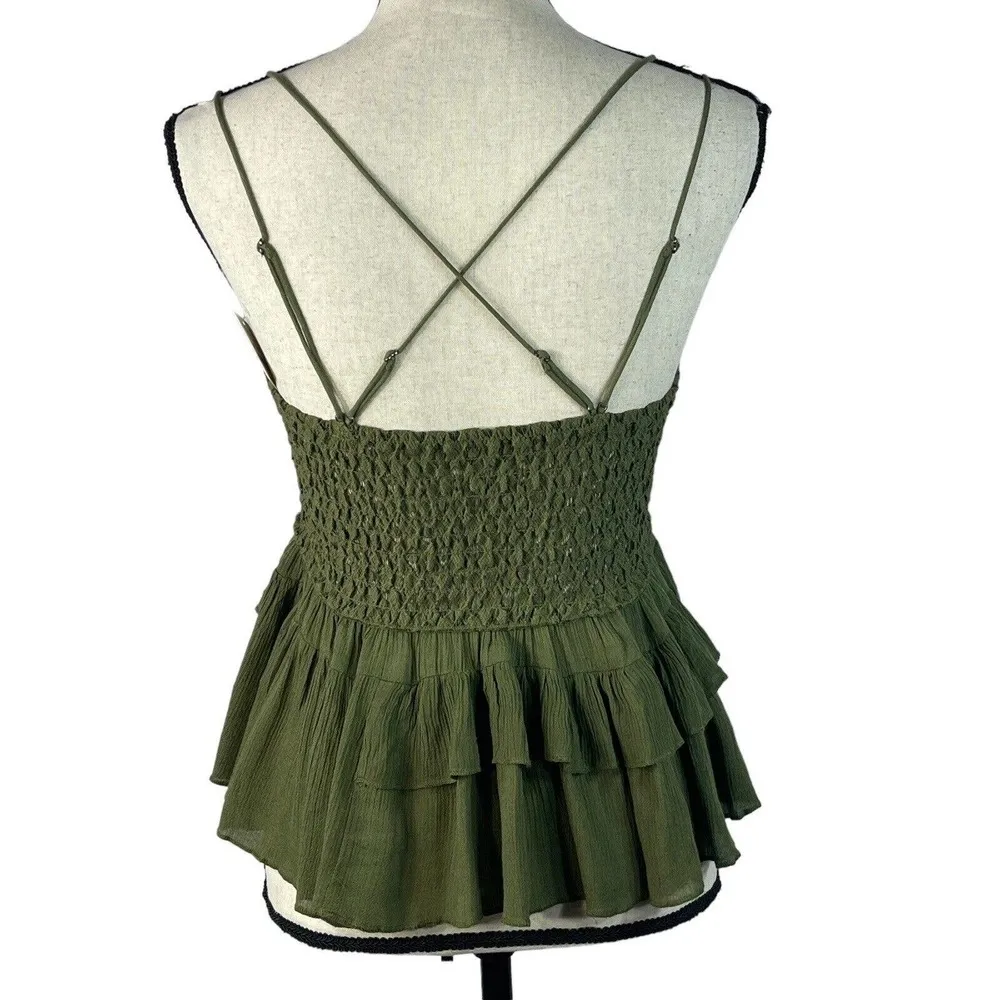 Free People Intimately Small Adella Cami Top Olive Sparrow Ruffled Crochet Lace - Image 6