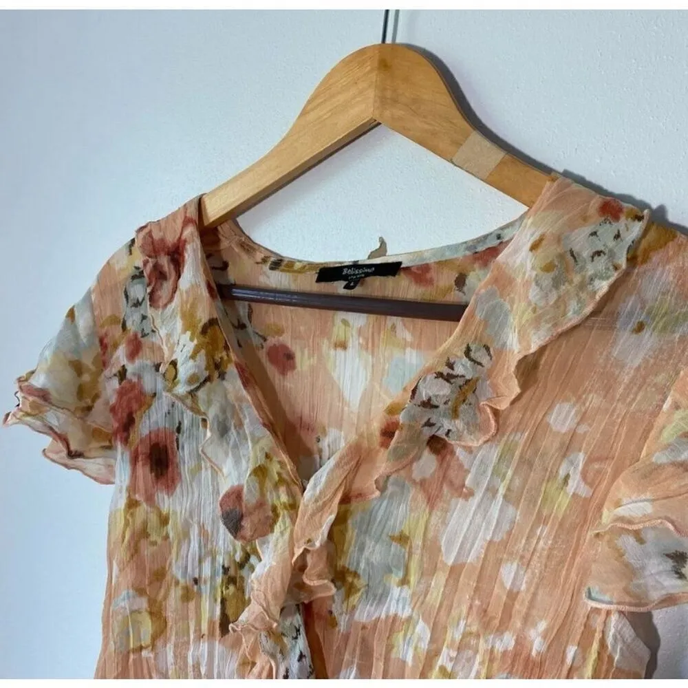 Y2K Belissimo Floral Peach Coral Ruffle Blouse V - Image 6