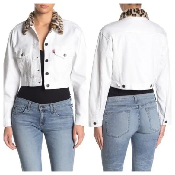 Levi's  Cropped Denim Trucker Jacket With Leopard Fur Collar - Image 2