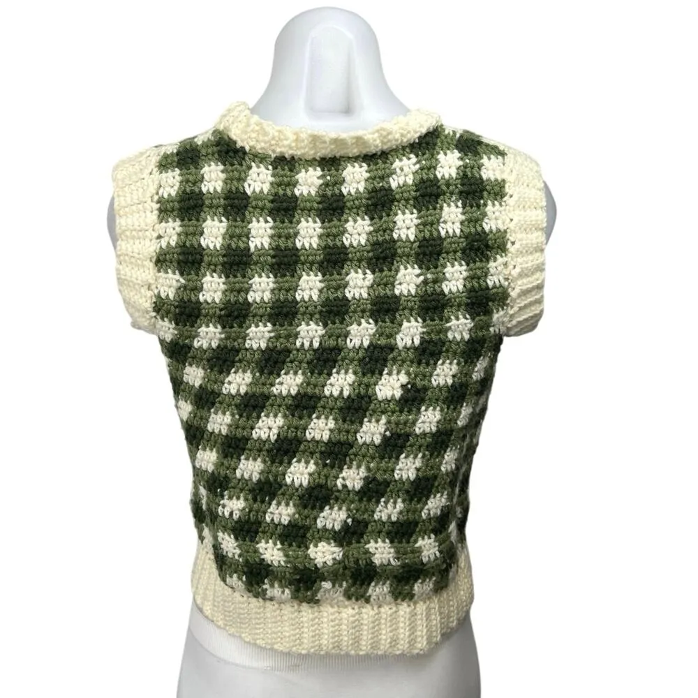 Women's Green White Checkered Plaid Sleeveless Knitted Sweater Vest Tank Top S - Image 2