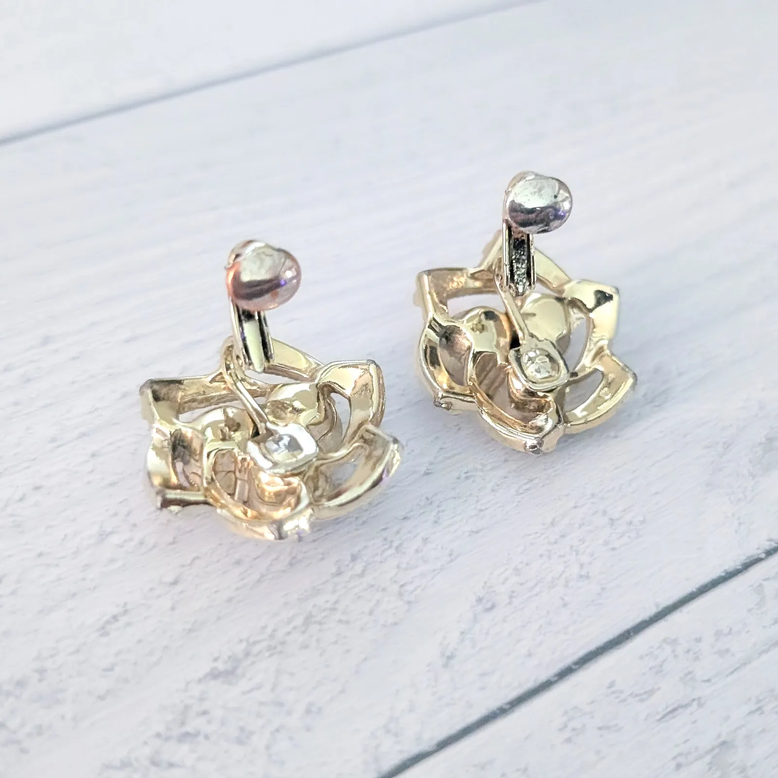 Vintage Clip On Earrings Statement 1" Gold Tone & Clear Gem - Image 6