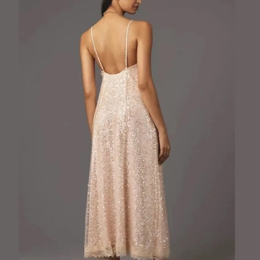 En Elly Anthropologie Pink Sequin MIDI Slip Dress New Medium Sleeveless V Neck - Image 4