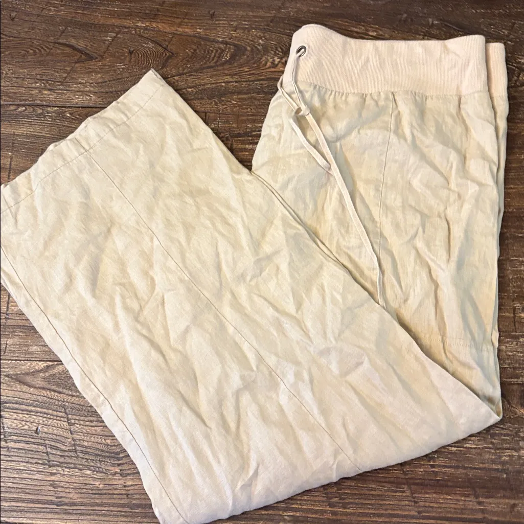 Eileen Fisher Organic Linen Wide Leg Pants Tan Knit Waist Large - Image 6