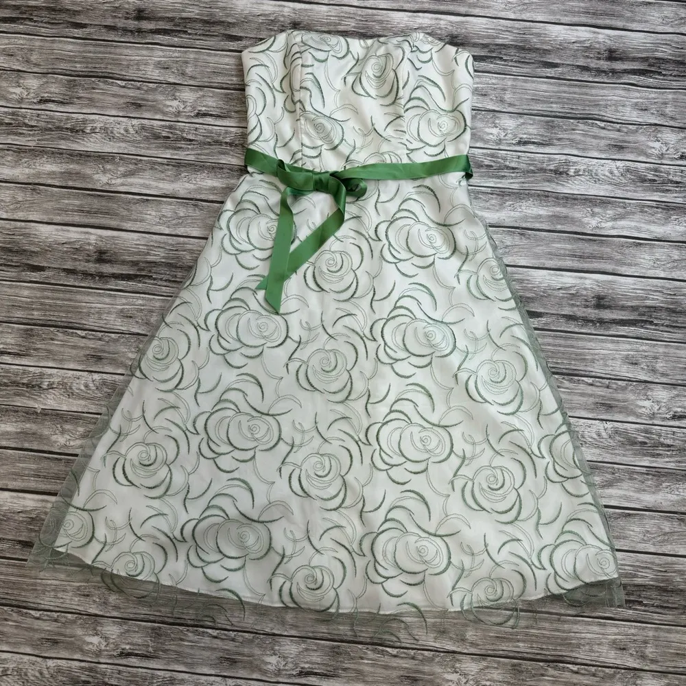 David's Bridal Women's Strapless Bridesmaid Summer Dress White Green Floral 6 - Image 15
