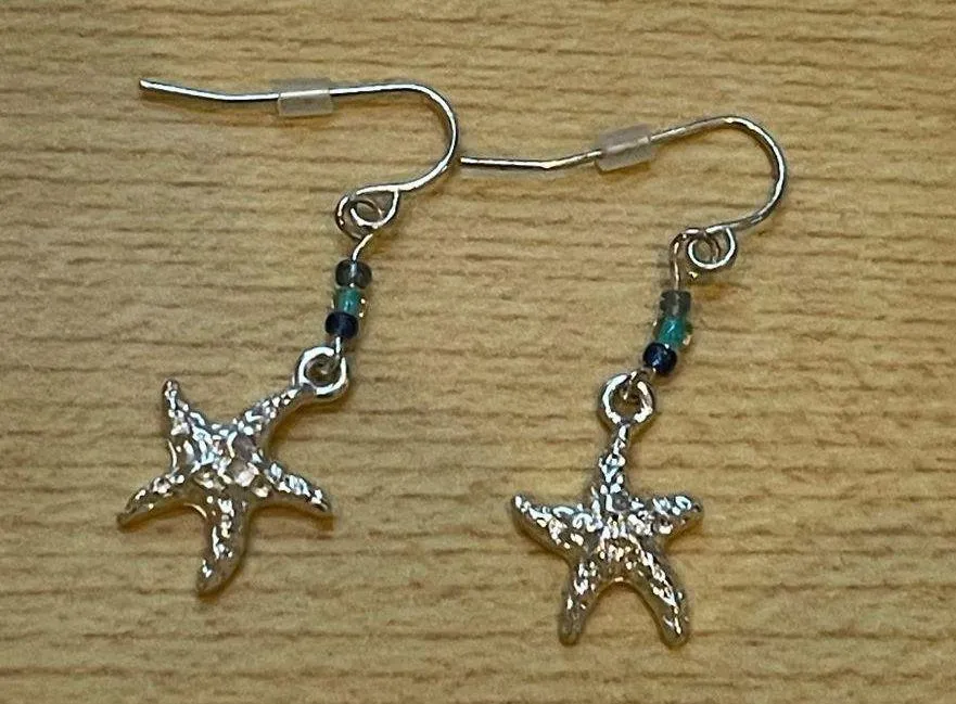 Silver Tone Dangle Textured Nautical Blue Bead Starfish Earrings - Image 2
