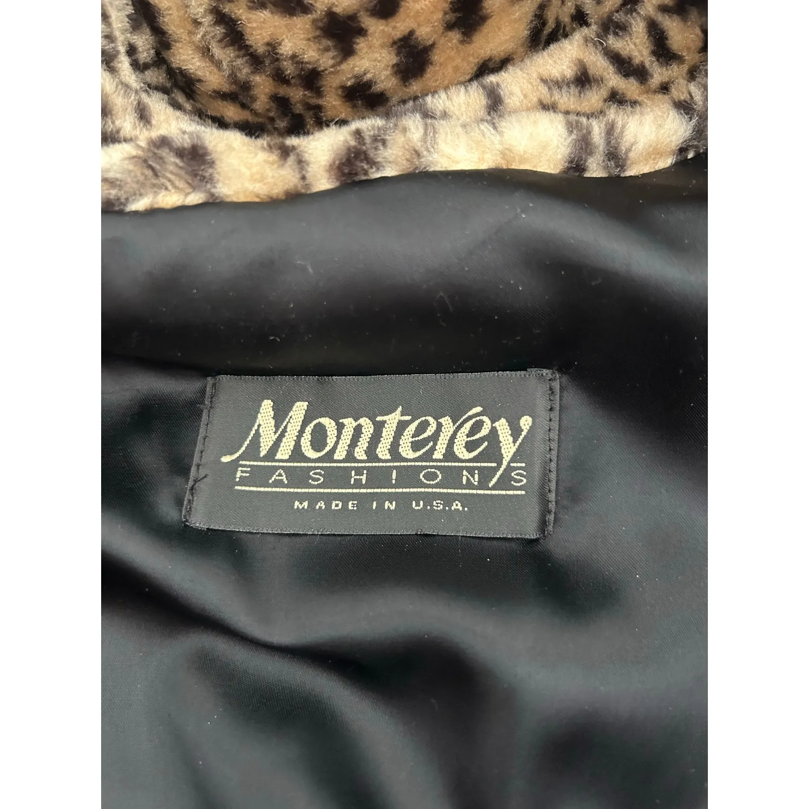 Vintage Monterey Fashions Faux Fur Coat Leopard Print Black Belted Women’s Large - Image 16