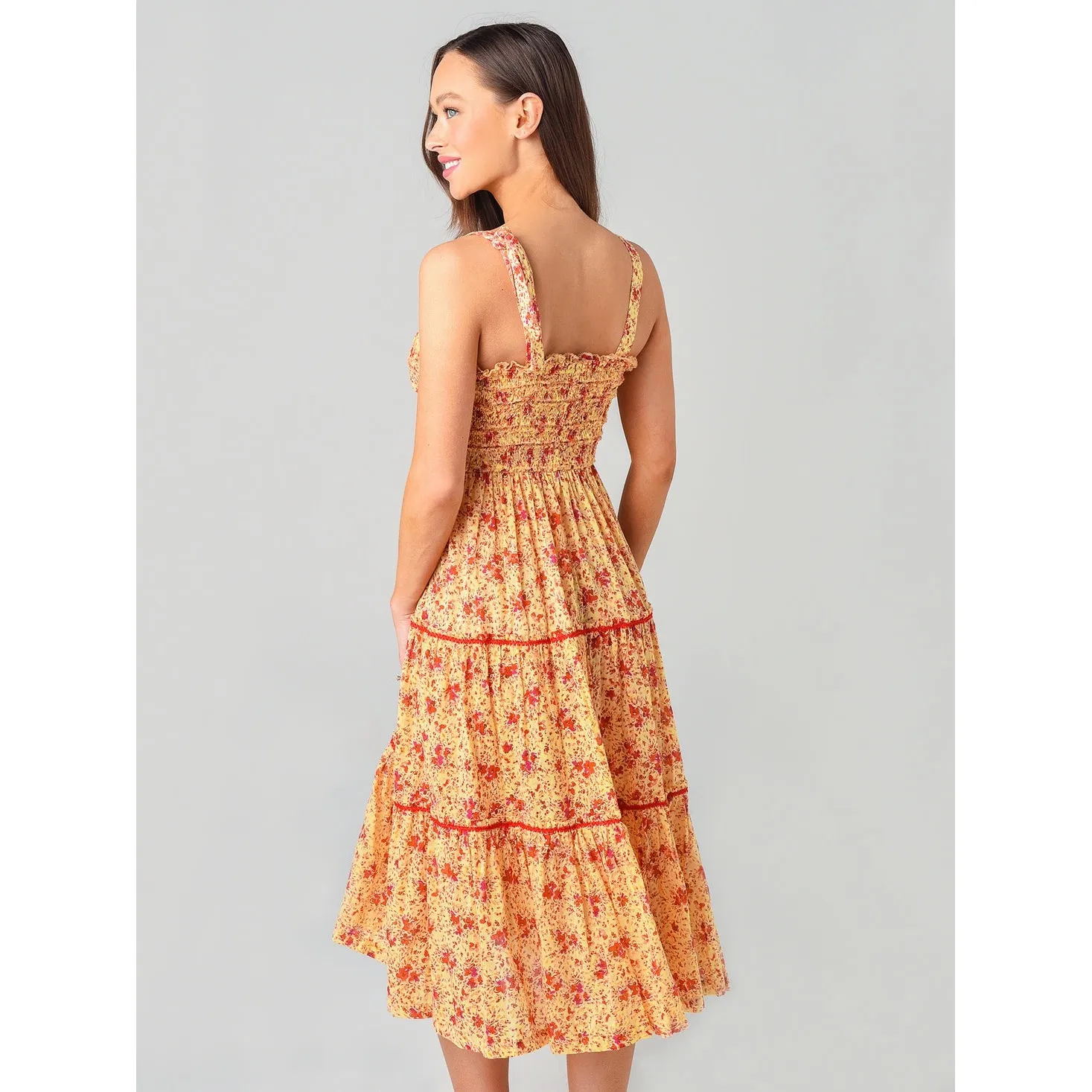 Poupette St Barth Floral Dress Midi Yellow Red Tiered Smocked Sun Dress‎ Size S - Image 3