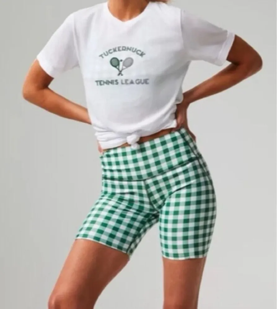 Tuckernuck Trellis Gingham Biker Shorts M NWT Green White 6” High Waist Pockets - Image 1