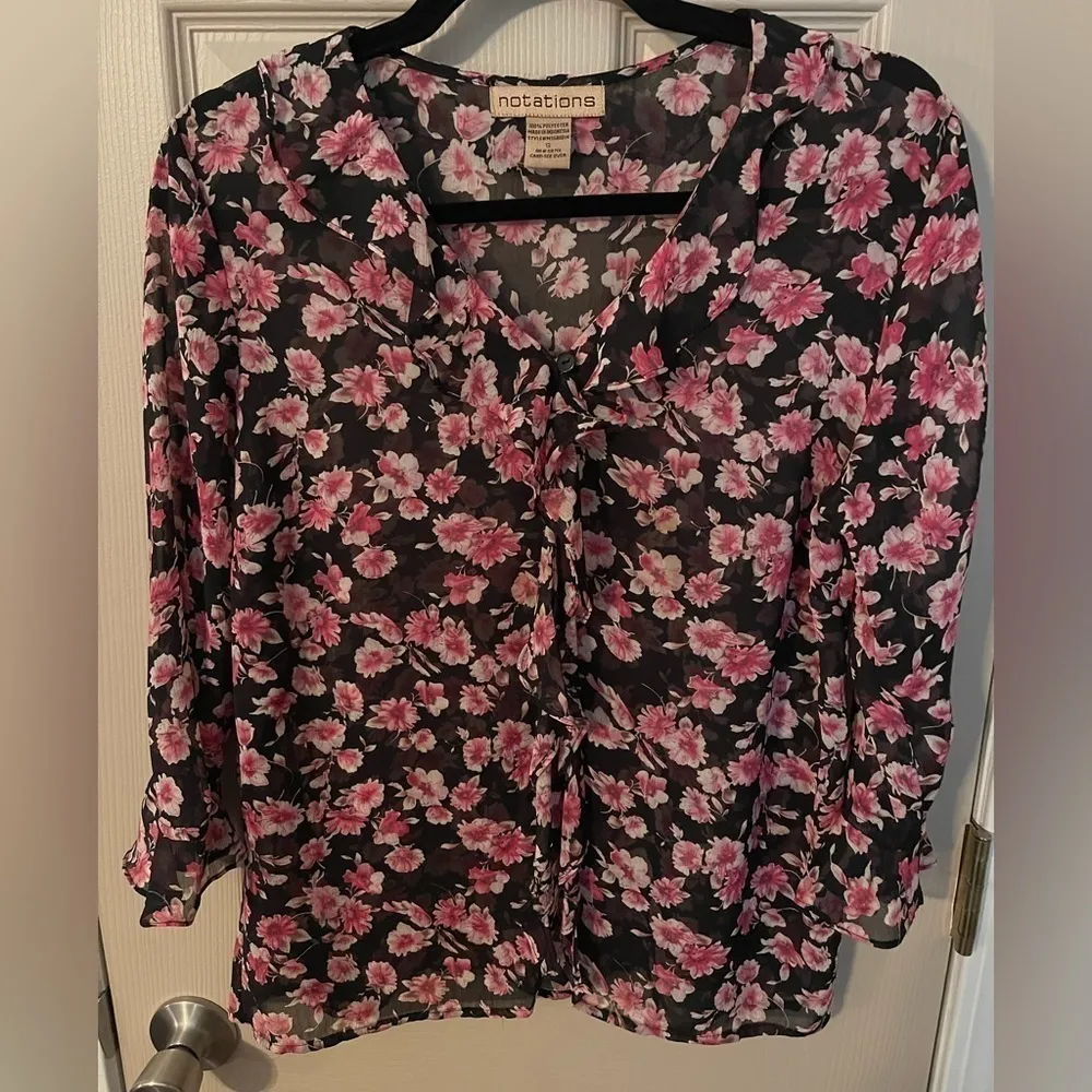 Notations Women’s Sheer Floral Ruffle Collar Sheer Blouse - Image 3
