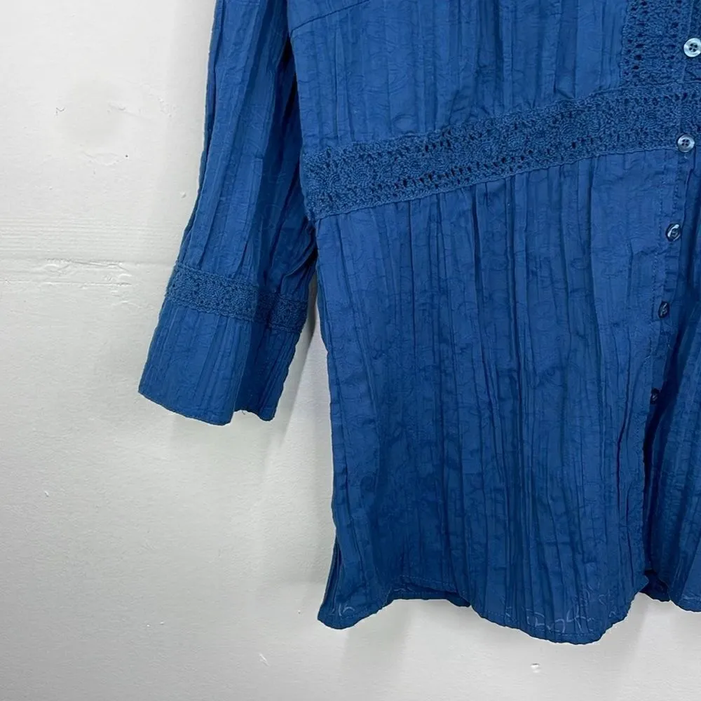Cottagecore Boho Crinkled Button Down Crew Neck Crochet Detail 3/4 sleeve Large - Image 4