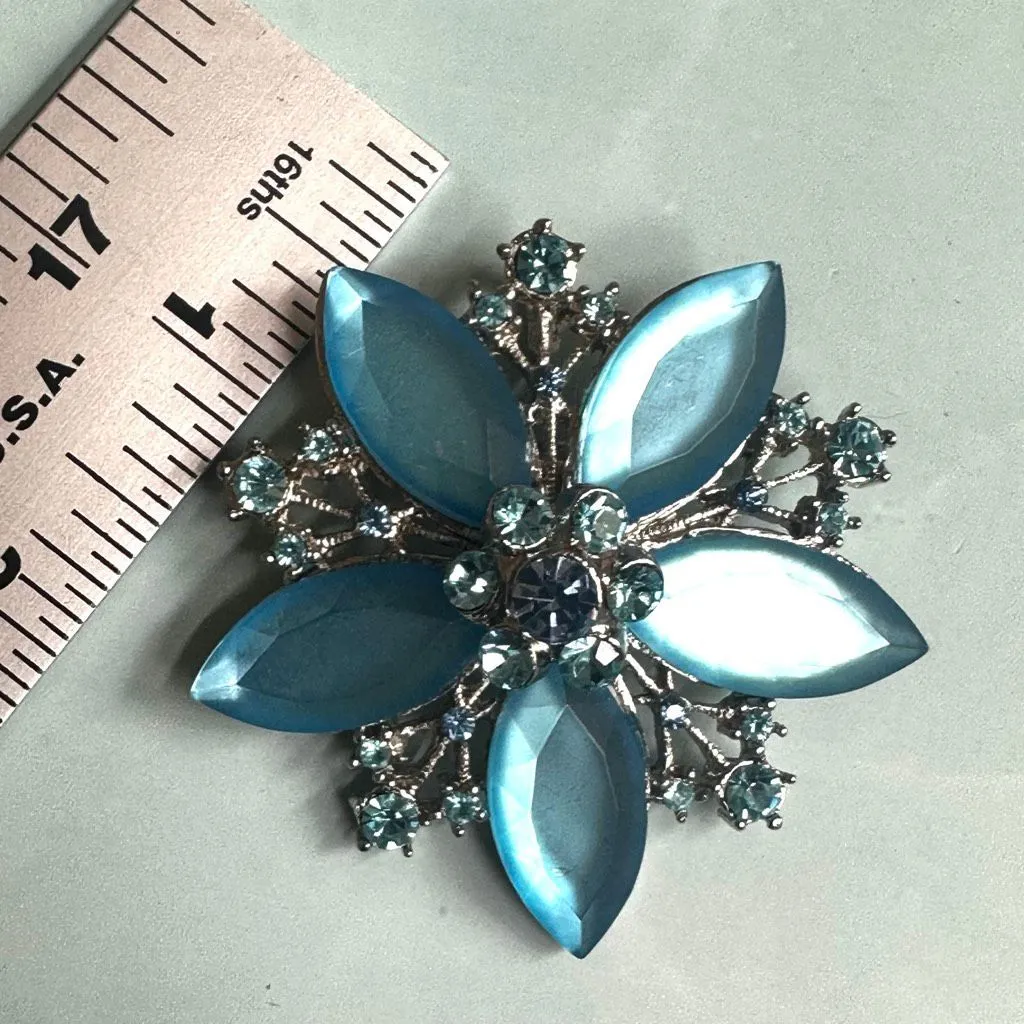 Vintage Blue Frosted Navette Rhinestone Flower Brooch Pendant Silver Tone - Image 5